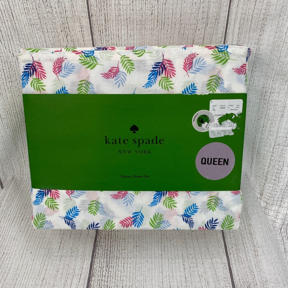 Kate Spade Queen Sheet Set White Blue Pink Green Tropical Leaf Cotton Percale